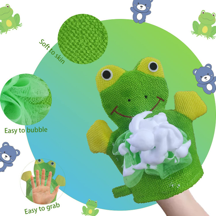Kids Bath Gloves Loofah for Kids 2 Pack Glove Body Scrubber for Shower Animal Body Wash Gloves Easy to Lather Bear Frog