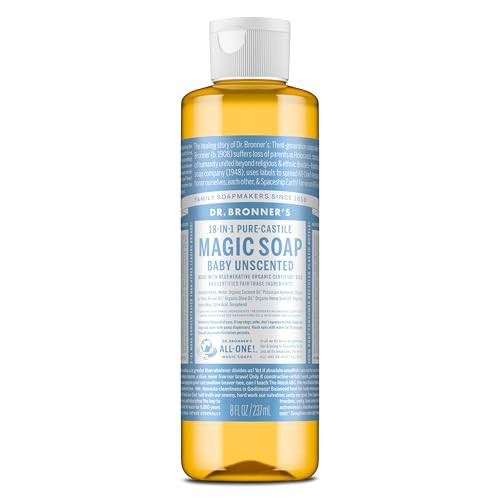 Dr Bronners PureCastile Magic Liquid Soap Baby Unscented 8 Ounce Made with Regenerative Organic Certified Oils For Face