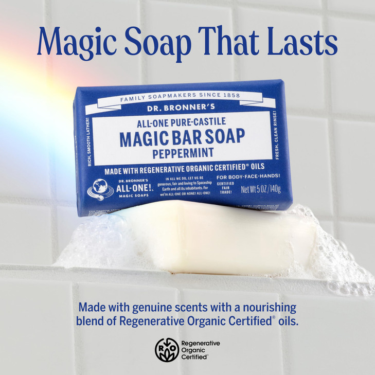 Dr Bronners PureCastile Magic Bar Soaps Peppermint 5oz 2Pack Made with Regenerative Organic Certified Oils Soap Bars for