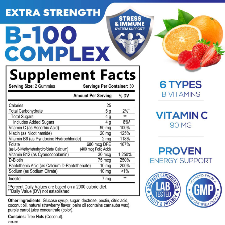Vitamin B Complex Gummies - Extra Strength Super B Vitamin Gummy with Vitamin C For Immune Support - Energy Support Supplements with Folic Acid, Niac online at globaldelivered