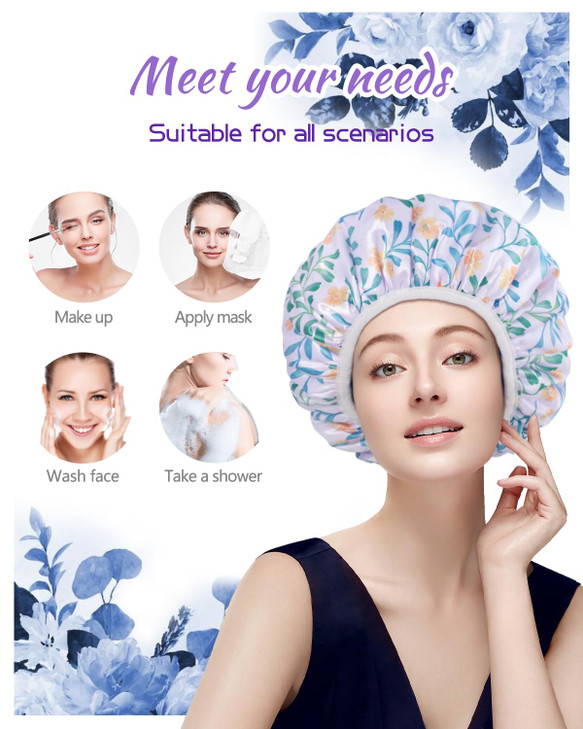 Gootty Shower Caps Triple Layer Waterproof Large Shower Cap for Women Reusable Shower Caps for Long Thick Hair lined sho