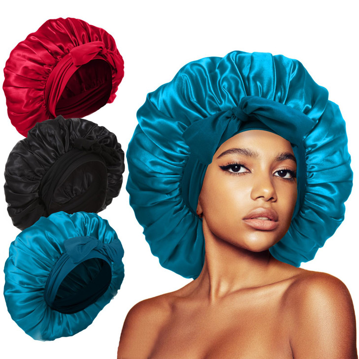 Kafteri 3Pcs Satin Silk Bonnet for Sleeping Extra Large Hair Bonnets for Sleeping Black Curly Hair Women Big Jumbo Bonne