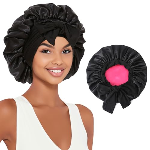 Srevela Satin Silk Bonnet Hair Beanies for Sleeping Jumbo Sleep Cap Black Wrap for Women Curly Hair Double Layer Bonnet