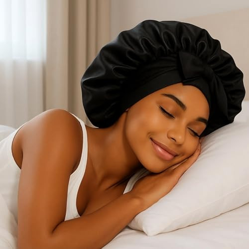 Srevela Satin Silk Bonnet Hair Beanies for Sleeping Jumbo Sleep Cap Black Wrap for Women Curly Hair Double Layer Bonnet