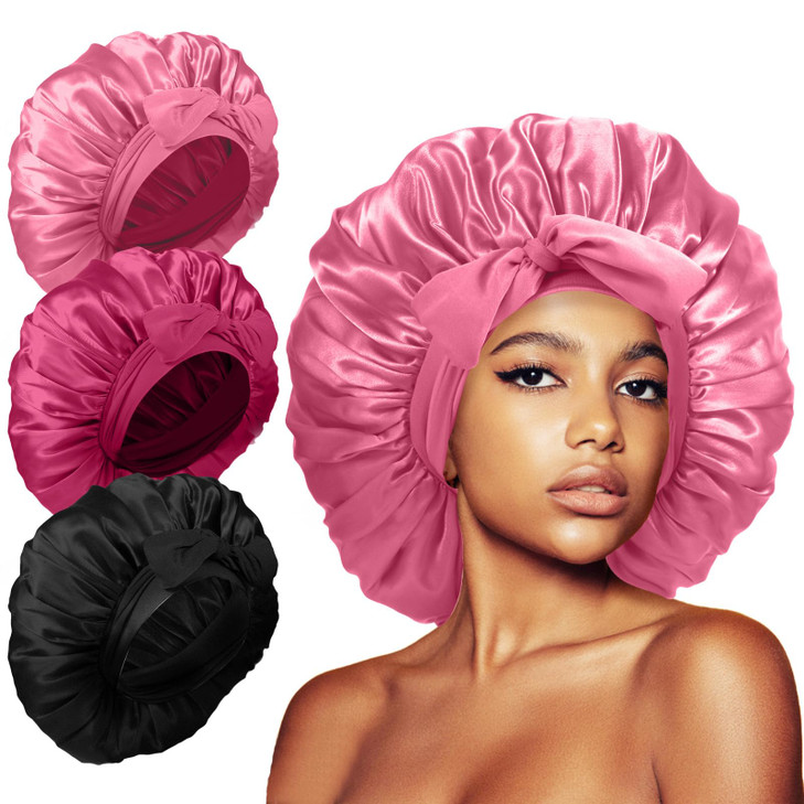 3Pcs Bonnet for Sleeping Extra Silk Satin Hair Bonnets with Tie Band for Curly Hair Braids