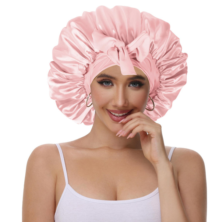 Vettres Silk Bonnet for Sleeping Straight Hair Double Layer Satin Bonnets with Tie Satin Hair Bonnet for Sleeping Pink R