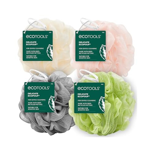 EcoTools Delicate EcoPouf 4 Pack Loofah Sponge for Bath Shower Recycled Netting Gentle Exfoliation Pouf for Body Wash Ec