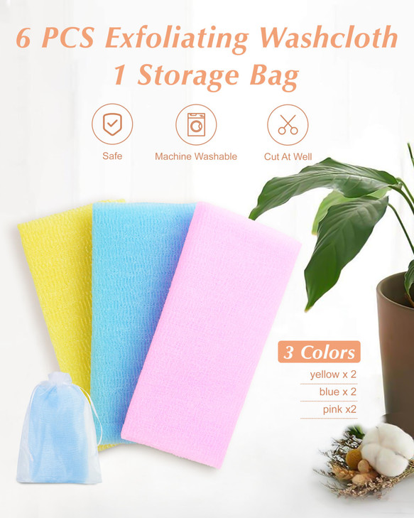 6 PCS Exfoliating Washcloth 35 Inch 3 Colors Nylon Bath Exfoliating Towel for Shower Colorful Japanese Washcloth Exfolia