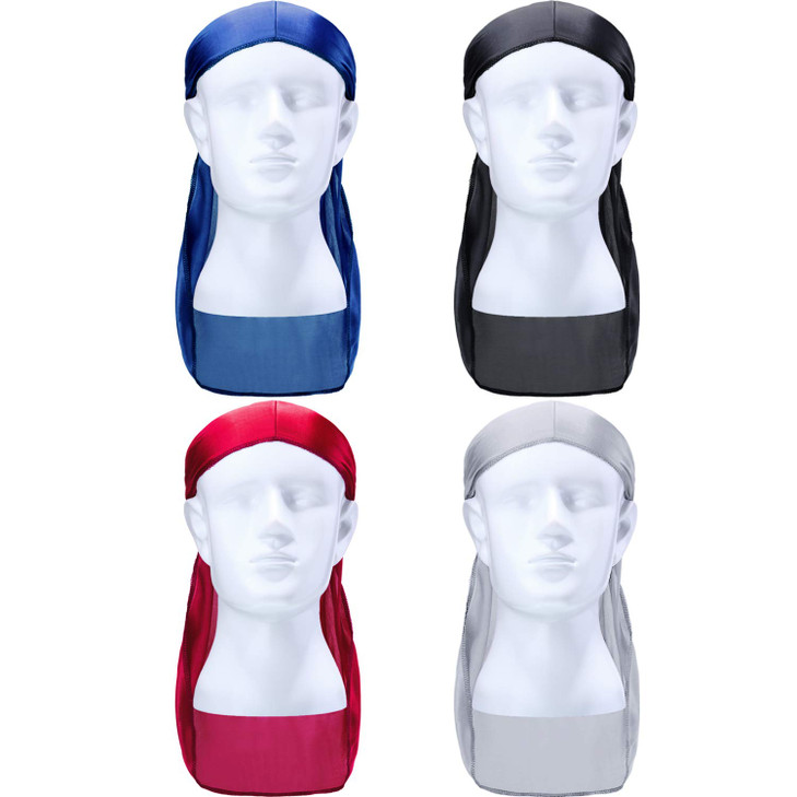 8 Pack Silky Durags for Men 4 Wave Cap 4 Long Tail Do Rags 360 Waves Elastic Headwraps for Men Women