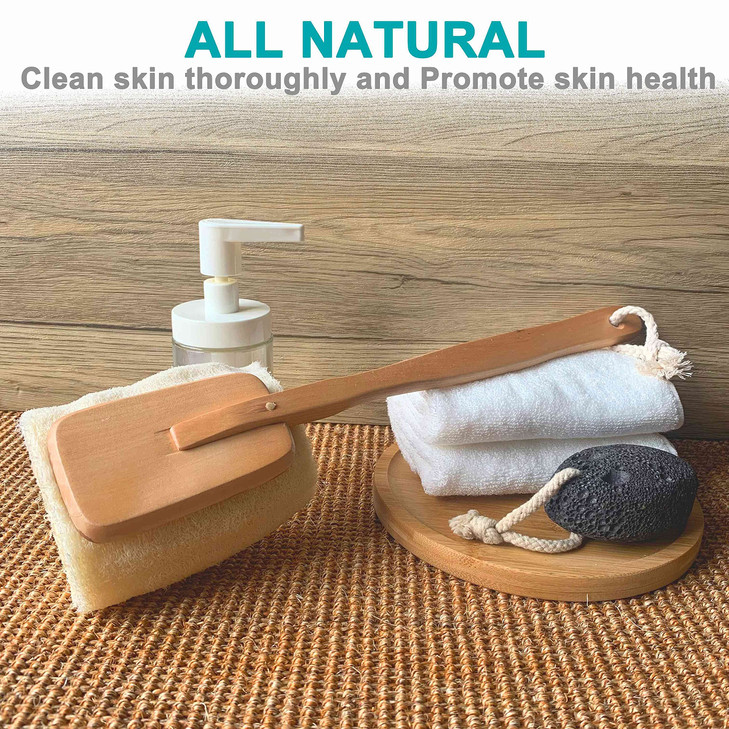 3 Pack Natural Exfoliating Loofah luffa loofa Bath Brush On a Stick with Long Wooden Handle Back Brush for Men Women Sho