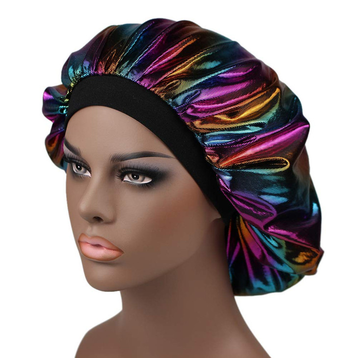 Deepth 4pcs Holographic Sleep Cap Satin Bonnet Night Head Cover Sleeping Soft Hair Turbans for Women and Girls