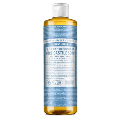 Dr Bronners PureCastile Magic Soap Liquid Baby Unscented 16oz Made with Regenerative Organic Certified Oils For Sensitiv