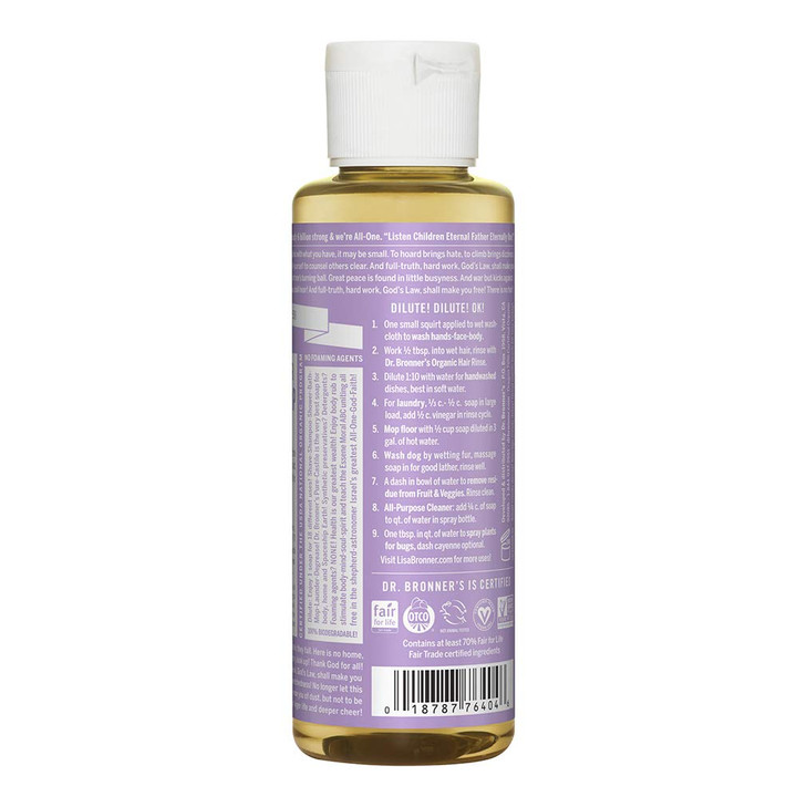 Dr Bronners PureCastile Liquid Soap Lavender 4 ounce Made with Organic Oils 18in1 Uses Face Body Hair Laundry Pets and D