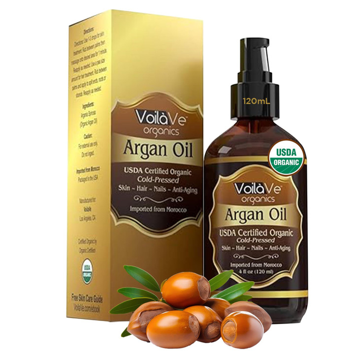 VoilaVe USDA Pure Organic Moroccan Argan Oil for Skin Nails Hair Growth AntiAging Face Moisturizer Cold Pressed Hair Moi