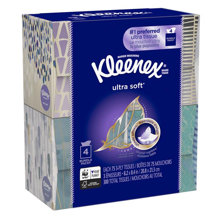 KLEENEX Ultra Soft Facial Tissue 3Ply White 82 inch x 84 inch 75Box 4 BoxPack Packaging May Vary Assorted color and styl