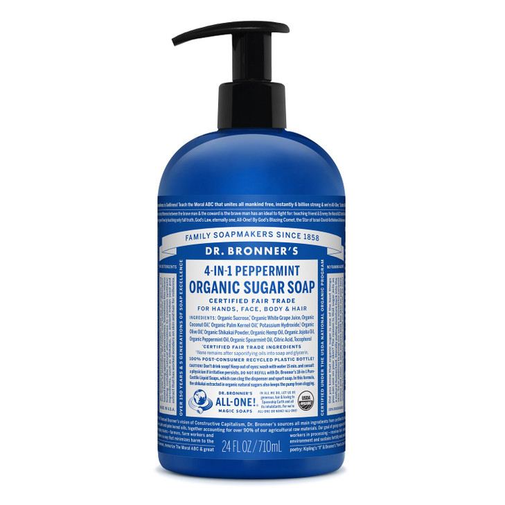 Dr Bronners Organic Sugar Soap Peppermint 24 Ounce Made with Organic Oils Sugar Shikakai Powder 4in1 Uses Hands Body Fac