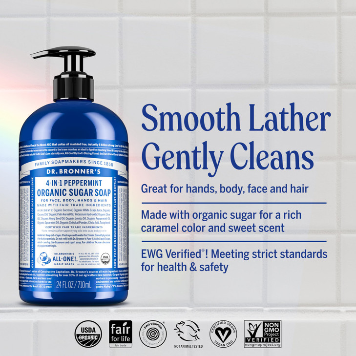 Dr Bronners Organic Sugar Soap Peppermint 24 Ounce Made with Organic Oils Sugar Shikakai Powder 4in1 Uses Hands Body Fac