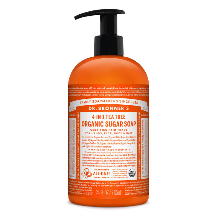 Dr Bronners Organic Sugar Soap Tea Tree 24 Ounce Made with Organic Oils Sugar and Shikakai Powder 4in1 Uses Hands Body F