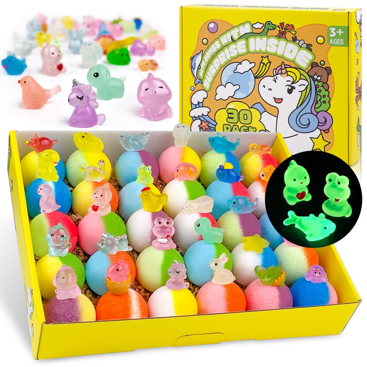 Yekery Bath Bombs for Kids with Toy Inside 30 PCS Natrual and Organic Bubble Bath Bombs with GlowinTheDark Surprise Insi
