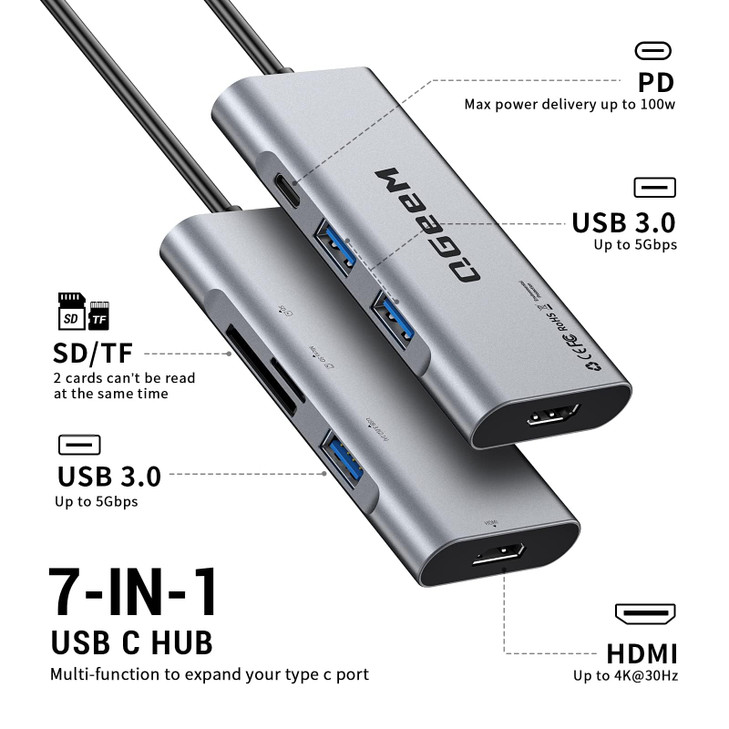USB C Hub, QGeeM USB 4k to HDMI Adapter, 7 in 1 USB-C Dongle with 100W PD,USB 3.0, Card Reader, Compatible for MacBook iPhone 15/17 Ipad Pro max,Chro