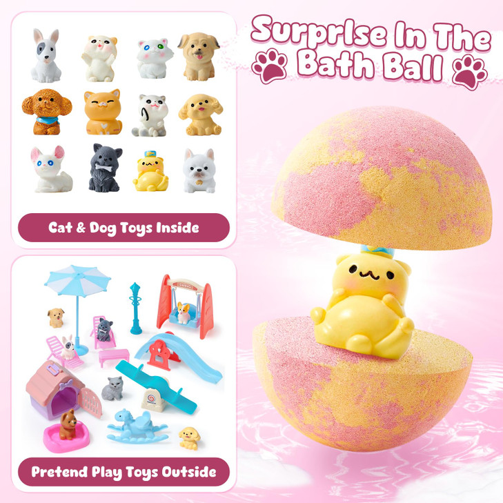Toylink Bath Bombs for Kids with Surprise Inside for Girls Boys 12 Pack Kids Bath Bombs with Dog Cat Toys Pretend Playse