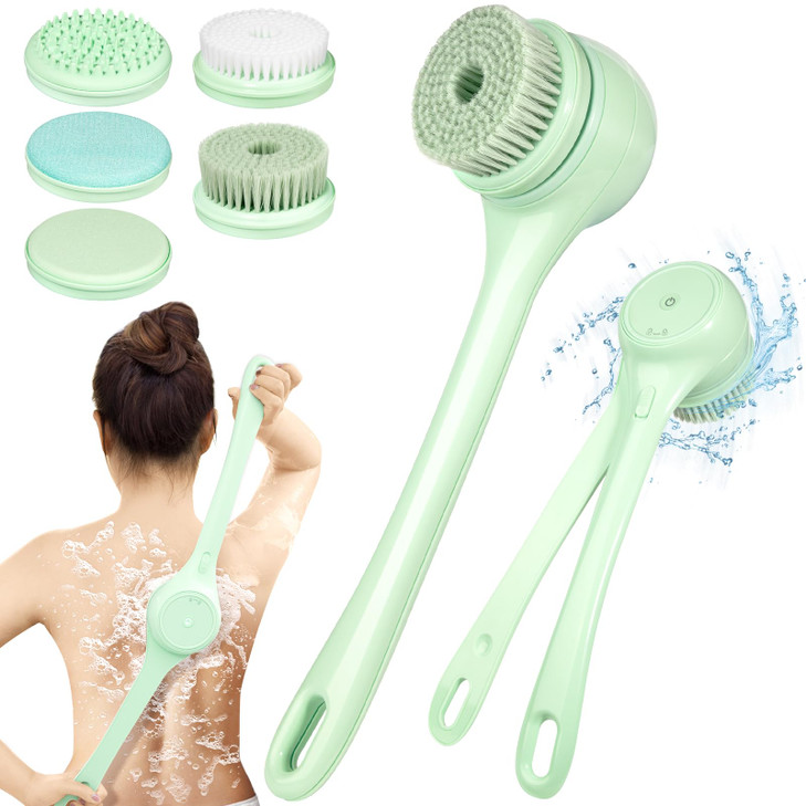Electric Body Brush Back Scrubber for Shower Dual Handle Auto Spinning Exfoliating Massage Bath Brush with 5 Brush Heads