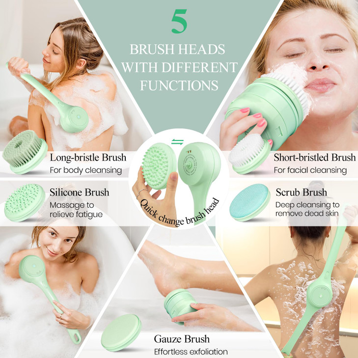 Electric Body Brush Back Scrubber for Shower Dual Handle Auto Spinning Exfoliating Massage Bath Brush with 5 Brush Heads