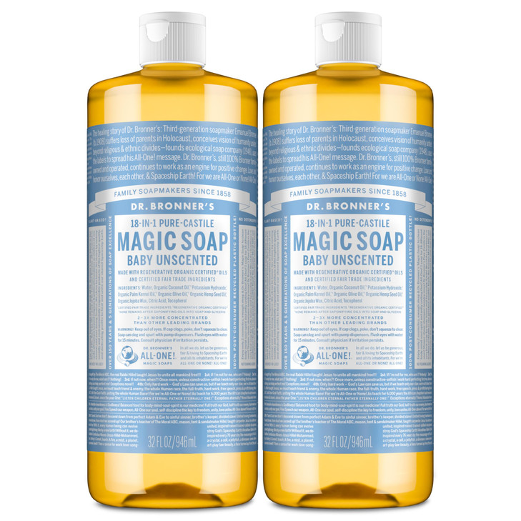 Dr Bronners Magic SoapPureCastile Liquid Soap Baby Unscented 32 ounce 2PackRegenerative Organic Certified Oils 18in1 Use
