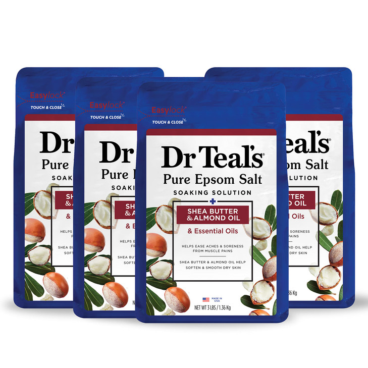 Dr Teals Pure Epsom Magnesium Salt Soak Shea Butter Almond 3 lbs Pack of 4