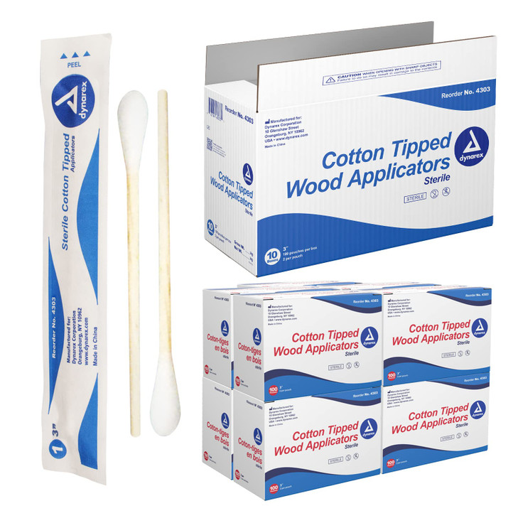 Dynarex 3Inch Sterile Cotton Tipped Applicators SingleUse Wooden Cotton Tip Applicators for Wound Care Dressing Hygiene