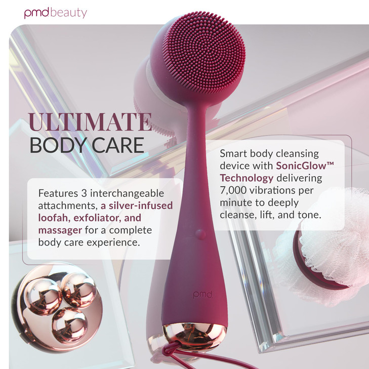 PMD Clean Body Smart Body Cleansing Device with Silicone Brush Three Interchangeable Attachments Waterproof SonicGlow Vi