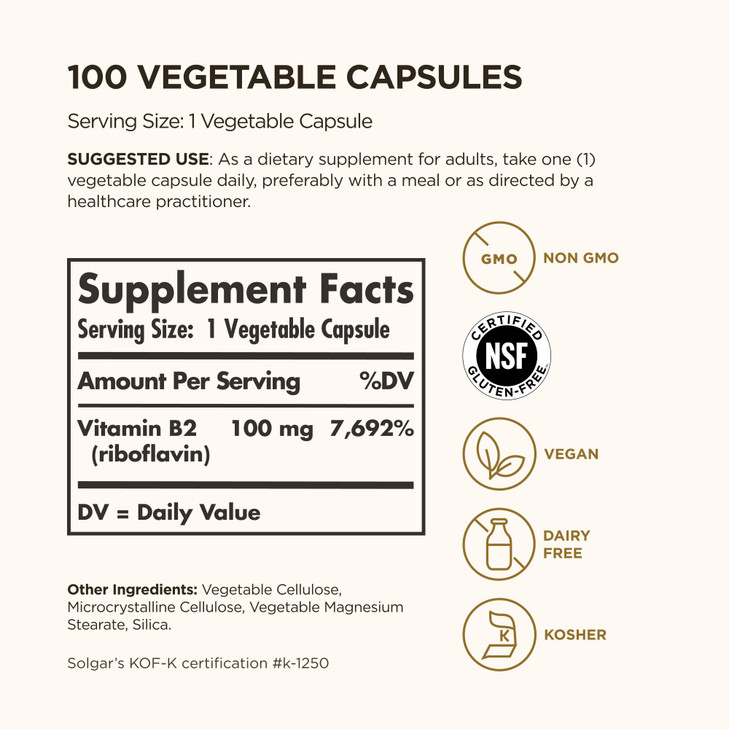 Solgar Vitamin B2 (Riboflavin) 100mg, 100 Vegetable Capsules - Energy Metabolism, Healthy Nervous System - Non-GMO, Vegan, Gluten Free, Dairy Free, K online at globaldelivered