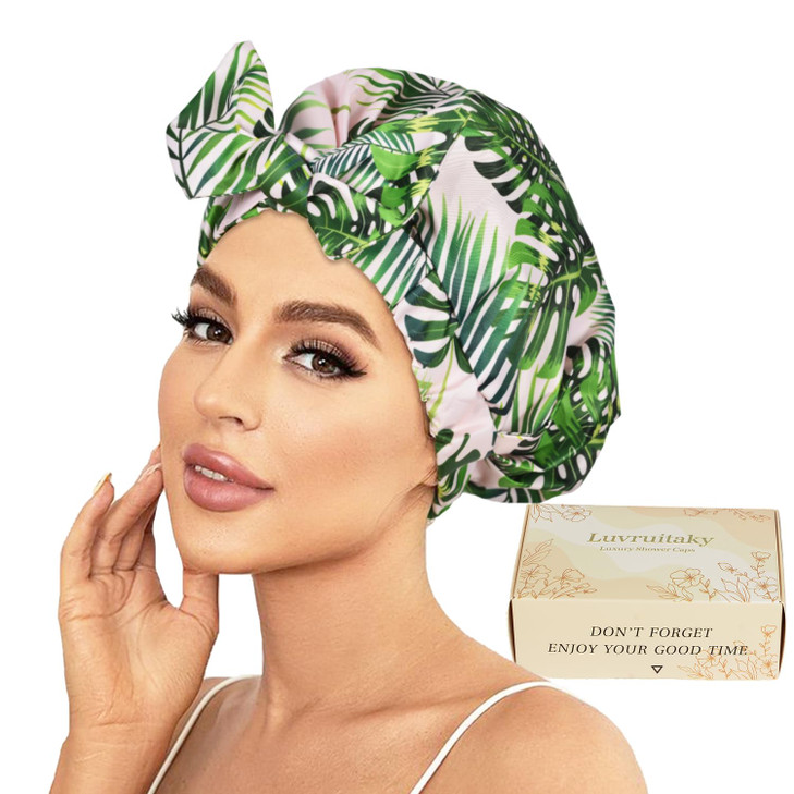 Luvruitaky Shower Cap Luxury Shower Caps for Women Reusable Waterproof Hair Cap for Shower with Adjustable Bowknot Hair