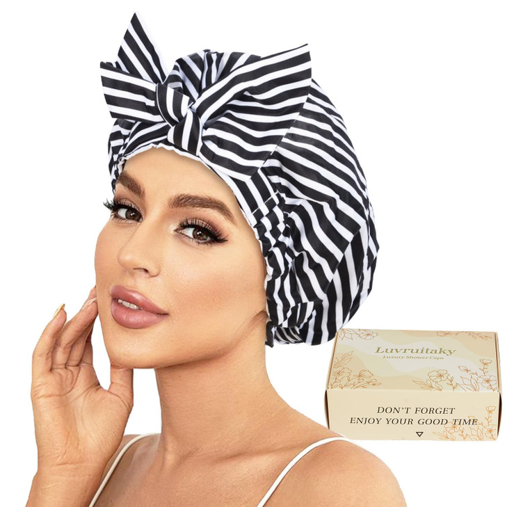 Luvruitaky Shower Cap Luxury Shower Caps for Women Reusable Waterproof Hair Cap for Shower with Adjustable Bowknot Hair
