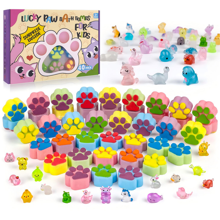 Bath Bombs for Kids with Surprise Inside 40 Large Number Pack Paw Shape Bath Bombs Gift Set Natural Organic Kids Bubble