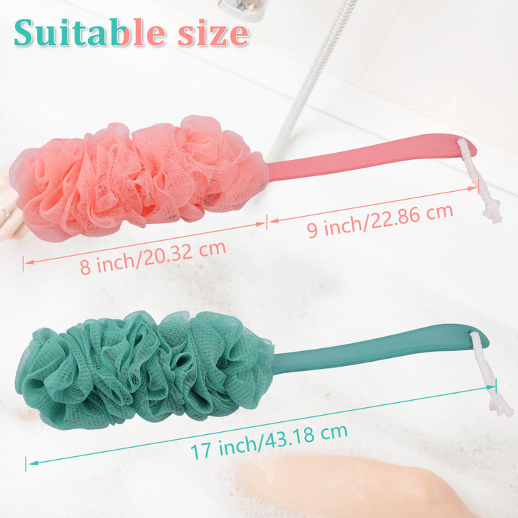 2Pack Back Scrubber for Shower Loofah with Long Handle Shower Brush for Body 17 Loofah on a Stick for Men Women Bathing