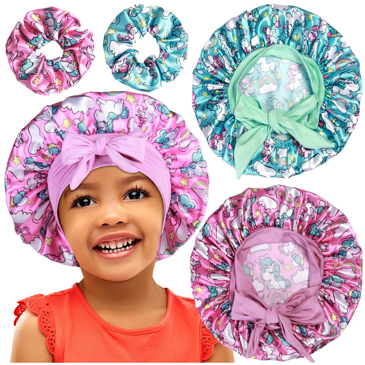 22 Satin Bonnets with Scrunchies for Kids Cute Hair Bonnets for Girls Sleeping Curly Hair E