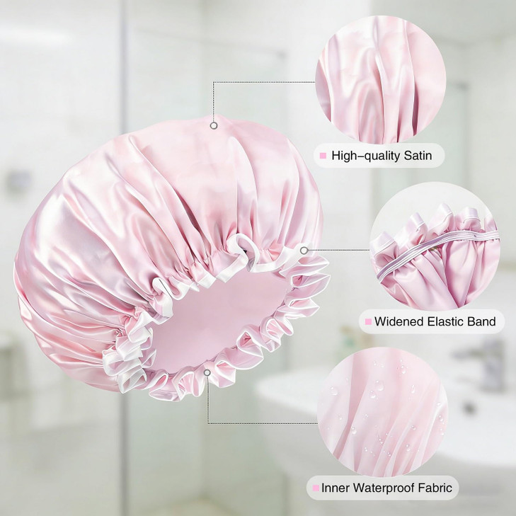 Aquior Shower Caps Reusable Shower Cap for Women Double Layer Waterproof Bonnet Hair Cap Large Size for All Hair Lengths