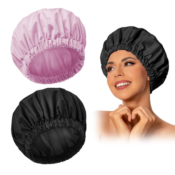 Reusable Shower Cap for Women Large Waterproof Shower Bonnet Washable Elastic Band Bath Accessories Hair Hat for Long Ha