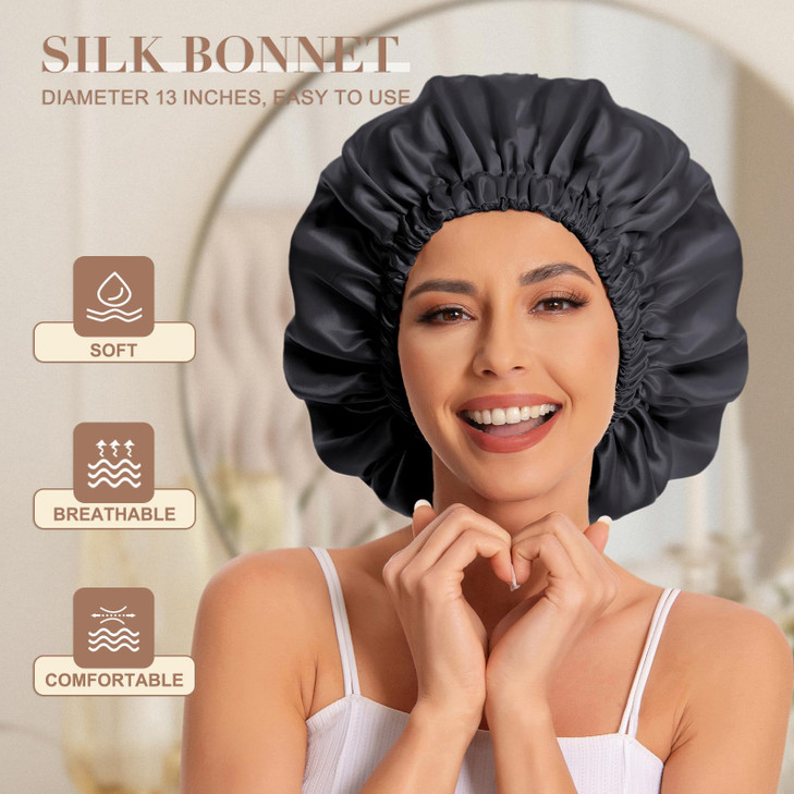 Satin Bonnet Silk Bonnet Hair Bonnet for SleepingSlouchy Beanie Hat Satin Sleep Cap for Womens Natural Curly HairBlack