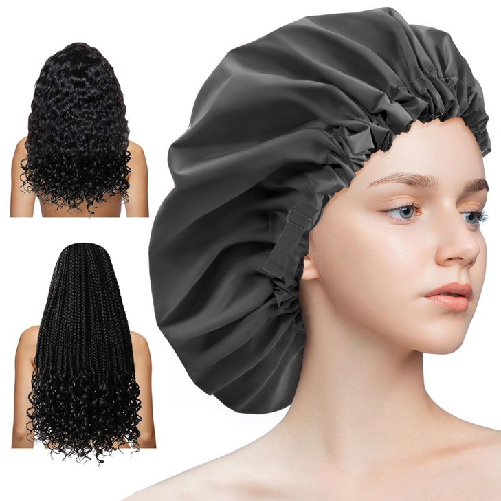 Aquior Shower Cap for Women Extra Adjustable Shower Caps for Women DoubleLayer Waterproof Reusable Hair Cap Large Size H