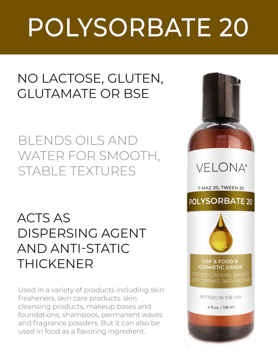 Polysorbate 20 by Velona 4 Fl Oz Solubilizer Food Cosmetic Grade All Natural for Cooking Skin Care and Bath Bombs Use To