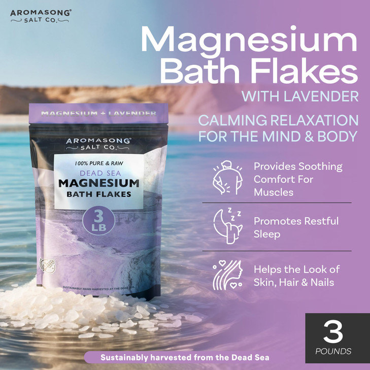 Aromasong RAW Magnesium Bath Flakes with 100 Natural Lavender 3 LB Muscle Relaxing Organic Salts Mg Chloride Mineral Soa