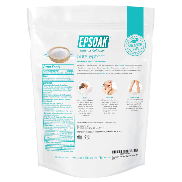 Epsoak Epsom Salt 10 lb Two 5 lb Resealable Bags Magnesium Sulfate USP Unscented Made in USA Perfect for Bath Spa and So