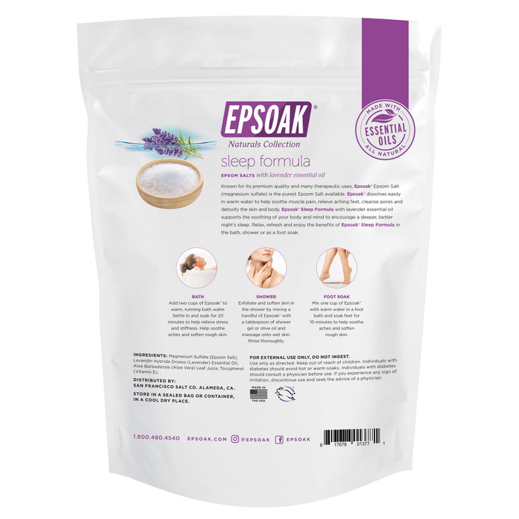 Epsoak Epsom Salt 2 lb Magnesium Sulfate USP Qty 1 x 2lb Bag Lavender Sleep Formula Resealable Epsom Salt Bag Made in Th