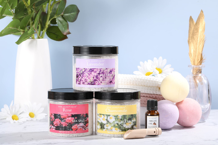 spa luxetique Bath Salts 8pcs Bath Salts Gift Set with Argan Oil Bath Bombs Wooden Scoop Epsom Salt for Soaking in Laven