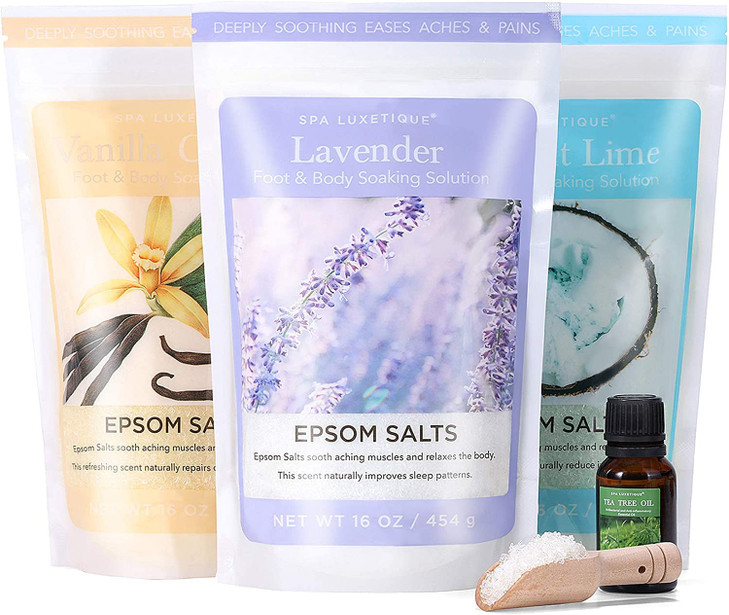 Spa Luxetique Epsom Salts for Soaking Bath Salts for Women Gifts Set with Lavender Vanilla and Coconut Scent Bath Set wi