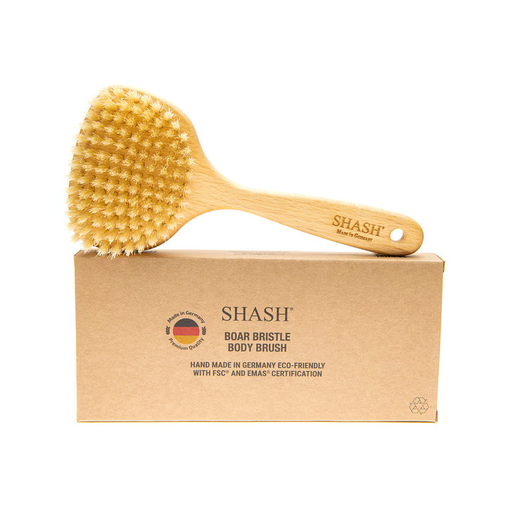 SHASH Since 1869 Hand Made in Germany Smooth 100 Boar Bristle Body Brush Gently Exfoliates Skin for a Softer Smoother Co