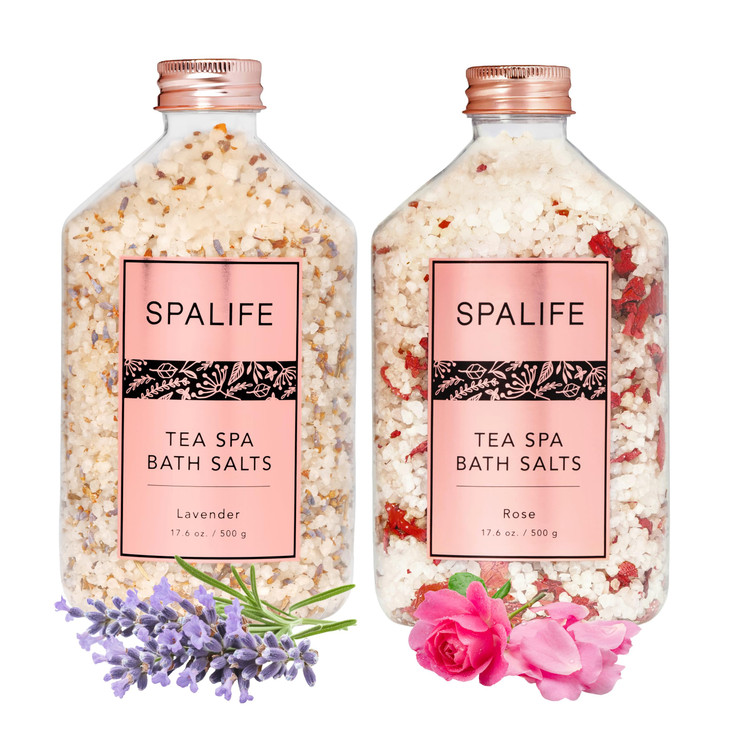 SpaLife Effervescent Rose Lavender Bath Salts for Women Relaxing All Natural Aromatherapy Dead Sea Salt Bath Soak Duo Re