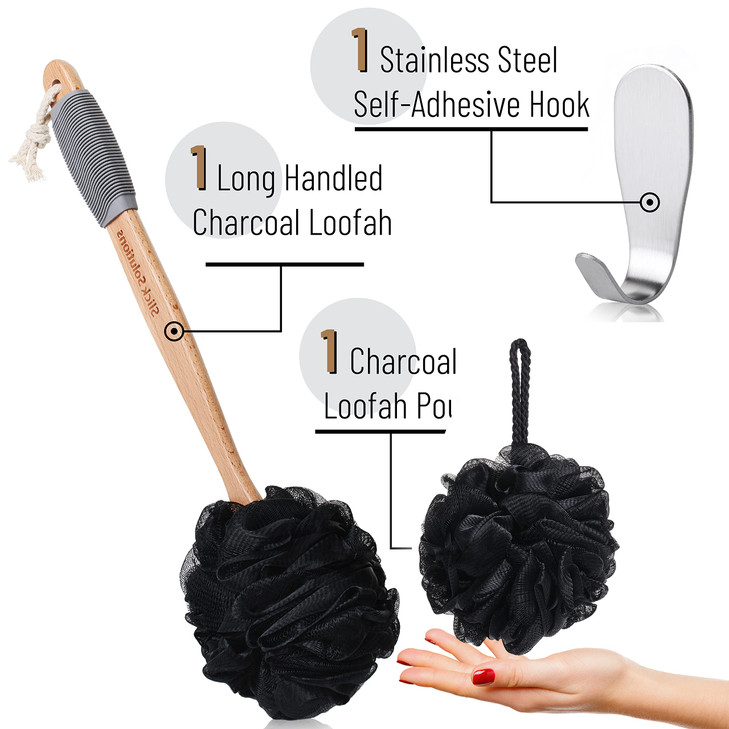 Slick Loofah with Handle 17 Gray Loofah Back Scrubber with Long Wooden Handle Shower Supplies